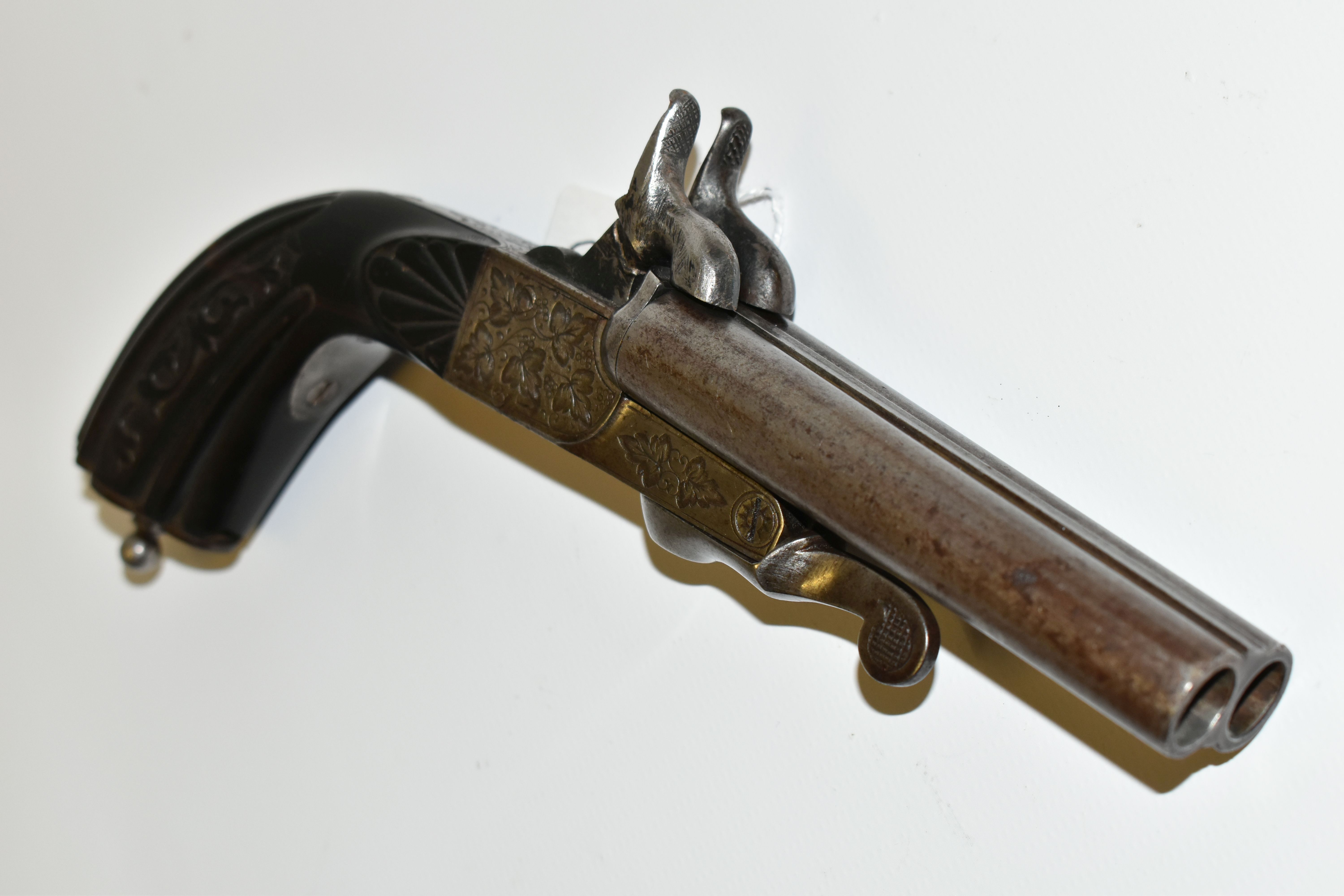 AN ANTIQUE 12MM DOUBLE BARREL SIDE BY SIDE PIN-FIRE PISTOL, fitted with fold up triggers, it bears - Image 8 of 8