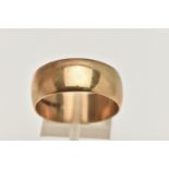 A 9CT GOLD WIDE BAND RING, polished band, approximate band width 9.4mm, hallmarked 9ct Birmingham,