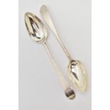 TWO GEORGE III SILVER TABLE SPOONS, old English pattern, engraved with monogram detail,