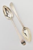 TWO GEORGE III SILVER TABLE SPOONS, old English pattern, engraved with monogram detail,