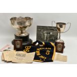 GREYHOUND RACING INTEREST, A COLLECTION OF TROPHY CUPS, AWARDS, NEWSPAPER CLIPPINGS AND VELVET