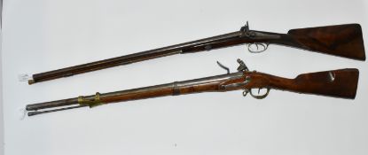 AN ANTIQUE 14 BORE PERCUSSION BACK ACTION LOCK DOUBLE BARREL SHOTGUN, fitted with 28½'' barrels,