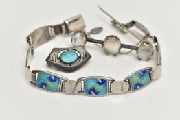 TWO BROOCHES AND A BRACELET, to include a small cabochon set brooch, stamped Sterling, fitted with a