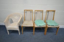 A WHITE PAINTED WICKER CHAIR, along with three other chairs (condition report: wear and tear,