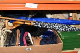 TWO BOXES AND A SUITCASE CONTAINING CLOTHING ACCESSORIES AND TABLE LINEN ETC, to include handbags,