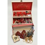A JEWELLERY BOX WITH CONTENTS, cream jewellery box with contents to include beaded necklaces,