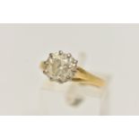 A YELLOW METAL 3.00CT DIAMOND SINGLE STONE RING, old cushion cut diamond, measuring approximately