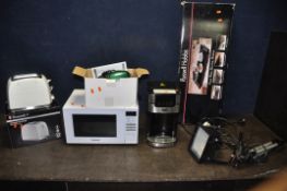 A SELECTION OF HOUSEHOLD ELECTRICALS, to include a Panasonic microwave, a Russell Hobbs honeycomb