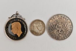 THREE ASSORTED COINS, to include a white metal mounted coin with resin cover, a 1900 German coin and