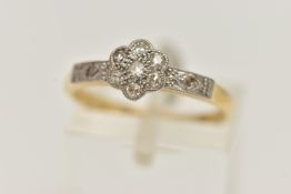 AN EARLY TO MID 20TH CENTURY DIAMOND RING, designed as a floral cluster, set with old and single cut