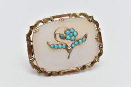 A LATE VICTORIAN CHALCEDONY AND TURQUOISE BROOCH, of a rounded rectangular form, polished milky