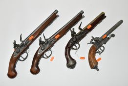 FOUR REPLICA PISTOLS, three based on the flintlock design and one on a double barrel side by side