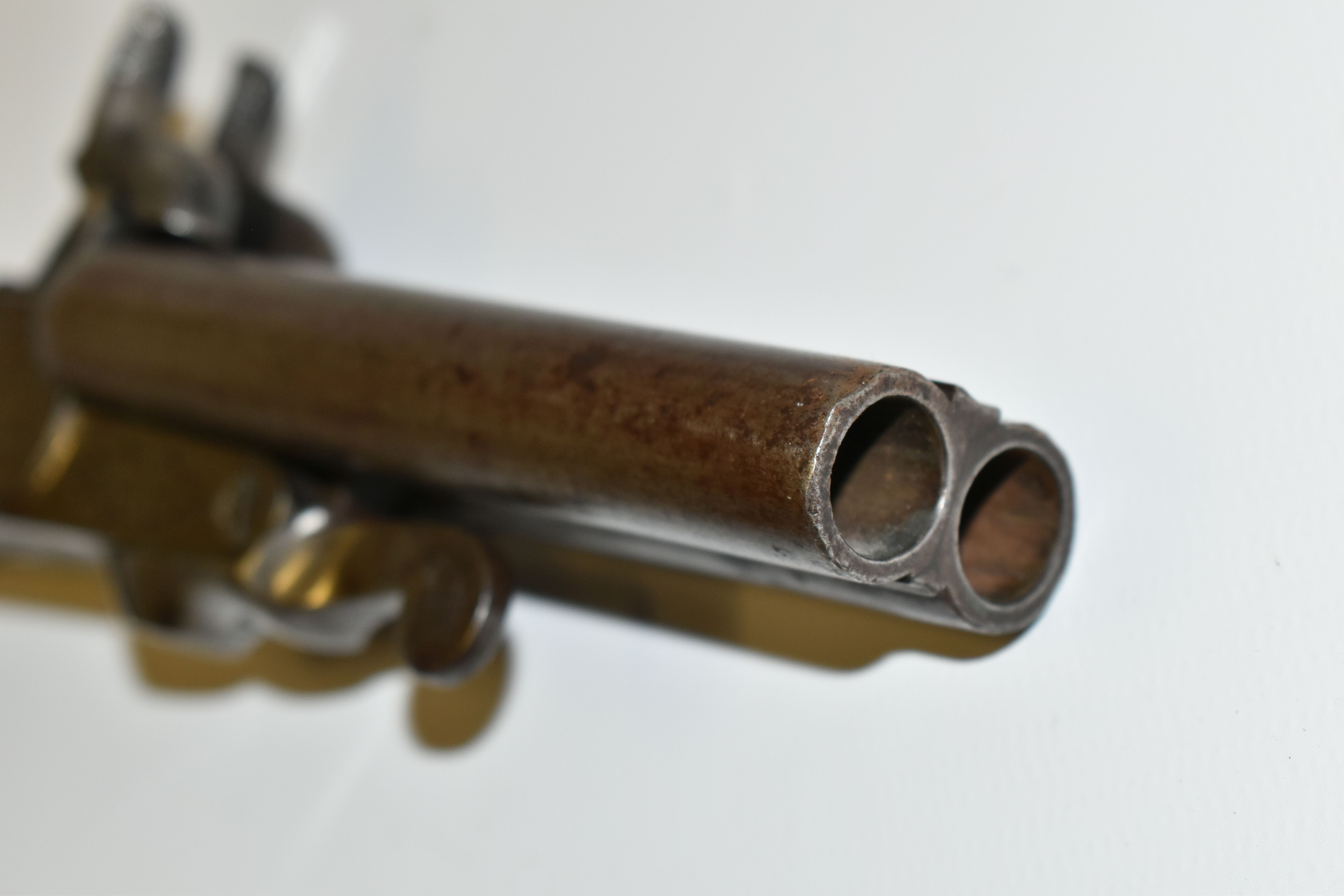 AN ANTIQUE 12MM DOUBLE BARREL SIDE BY SIDE PIN-FIRE PISTOL, fitted with fold up triggers, it bears - Image 3 of 8