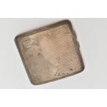 A SILVER CIGARETTE CASE, square form, engine turned pattern, engraved cartouche 'FL 5 9 27',