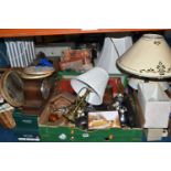 TWO BOXES OF ASSORTED SUNDRY ITEMS ETC, to include a Christy's of London hat box, miners lamp