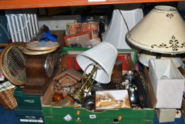 TWO BOXES OF ASSORTED SUNDRY ITEMS ETC, to include a Christy's of London hat box, miners lamp