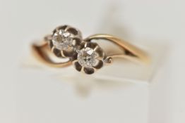 A LATE 19TH CENTURY TWO STONE DIAMOND RING, two old cut diamonds in a belcher style prong setting,