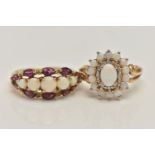 TWO 9CT GOLD GEM SET RINGS, the first an opal and amethyst ring, set with small single cut diamond