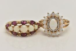 TWO 9CT GOLD GEM SET RINGS, the first an opal and amethyst ring, set with small single cut diamond