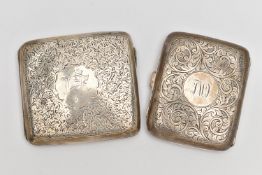 TWO SILVER CIGARETTE CASES, the first of a rounded rectangular form, foliage pattern with engraved