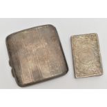 A SILVER CIGARETTE CASE AND CARD CASE, square cigarette case, with an engine turned pattern and