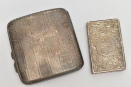 A SILVER CIGARETTE CASE AND CARD CASE, square cigarette case, with an engine turned pattern and