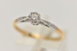 A YELLOW METAL SINGLE STONE DIAMOND RING, illusion set round brilliant cut diamond, estimated