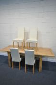 A SOLID LIGHT OAK EXTENDING DINING TABLE, with two additional leaves, open length 230cm x closed