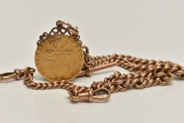 A 9CT ROSE GOLD ALBERT CHAIN WITH COIN FOB, graduated albert chain, each link stamped 9.375,