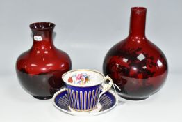 TWO ROYAL DOULTON FLAMBÉ VASES AND A MID NINETEENTH CENTURY TEACUP AND SAUCER, comprising a flambe