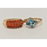 TWO 9CT GOLD GEM SET RINGS, the first a blue topaz and diamond crossover ring, hallmarked 9ct