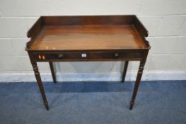 A VICTORIAN MAHOGANY WASHSTAND, with two frieze drawers, on turned front legs, length 96cm x depth