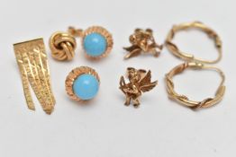 THREE PAIRS OF EARRINGS, to include a pair of 9ct gold Cherub stud earrings, post and scroll