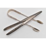 A PAIR OF SILVER VICTORIAN GLOVE STRETCHERS AND A PAIR OF SILVER SUGAR TONGS, glove stretchers