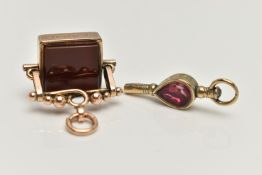 A 9CT GOLD SWIVEL FOB AND YELLOW METAL WATCH KEY, a square fob set with bloodstone and carnelian,