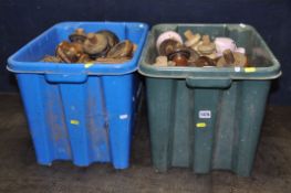 TWO PLASTIC BOXES, containing a variety of period furniture feet (condition report: all worn and