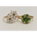 TWO 9CT GOLD GEM SET RINGS, the first a double flower ring set with opals and emeralds, to a