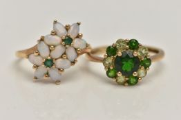 TWO 9CT GOLD GEM SET RINGS, the first a double flower ring set with opals and emeralds, to a