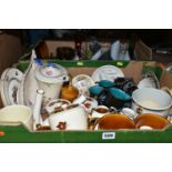 TWO BOXES OF CROWN DEVON POTTERY AND GLASSWARE, the Crown Devon including a tea pot printed and