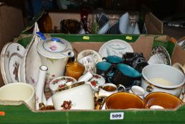 TWO BOXES OF CROWN DEVON POTTERY AND GLASSWARE, the Crown Devon including a tea pot printed and