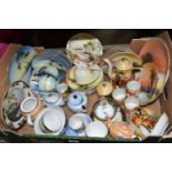 A BOX OF NORITAKE HAND PAINTED TEAWARES, most painted with lakeside landscapes, including a coffee