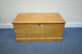 A 19TH CENTURY PINE BLANKET CHEST, with a hinged lid and twin metal handles, width 92cm x depth 52cm