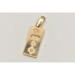 A 9CT GOLD INGOT PENDANT, hallmarked 9ct Birmingham 2000, fitted with a bail, length including