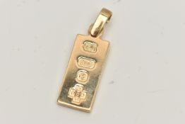 A 9CT GOLD INGOT PENDANT, hallmarked 9ct Birmingham 2000, fitted with a bail, length including