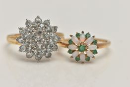 TWO 9CT GOLD GEM SET RINGS, the first a large colourless stone set cluster, hallmarked 9ct