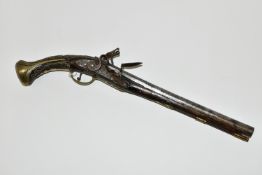 AN ANTIQUE 20 BORE TURKISH FLINTLOCK HOLSTER PISTOL FITTED WITH A 12'' BARREL, its stock is nicely