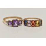 TWO 9CT GOLD GEM SET RINGS, to include a multi gem set half eternity style ring, hallmarked 9ct
