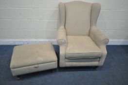 A MARKS AND SPENCER'S BEIGE ARMCHAIR, width 80cm x 87cm x height 100cm, along with a footstool