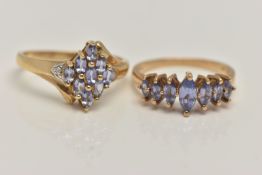 TWO 9CT GOLD GEM SET RINGS, the first set with a row of marquise cut tanzanite, to a polished