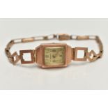 A LADYS 9CT GOLD WRISTWATCH, manual wind, missing crown, discoloured rectangular dial, Arabic